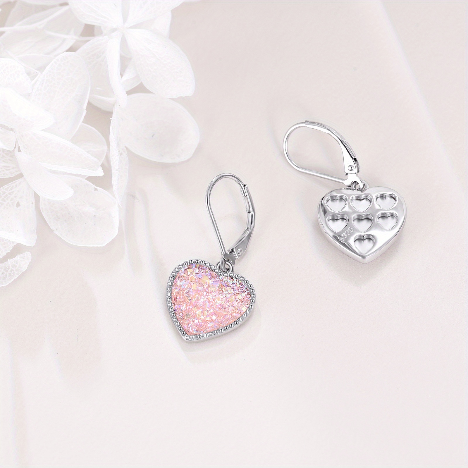 Women's 925 Sterling Silver Pink Tassel Heart Drop Earrings